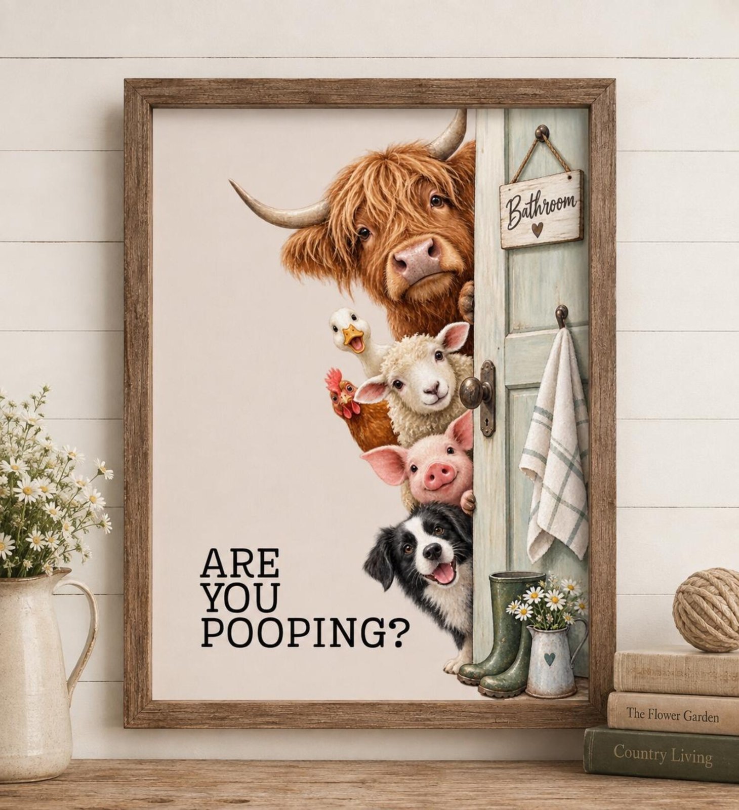 Funny Farmhouse Bathroom Wall Art Print, Are You Pooping? Rustic Country Bathroom Decor, Funny Animal Bathroom, Highland Cow Farmhouse Decor