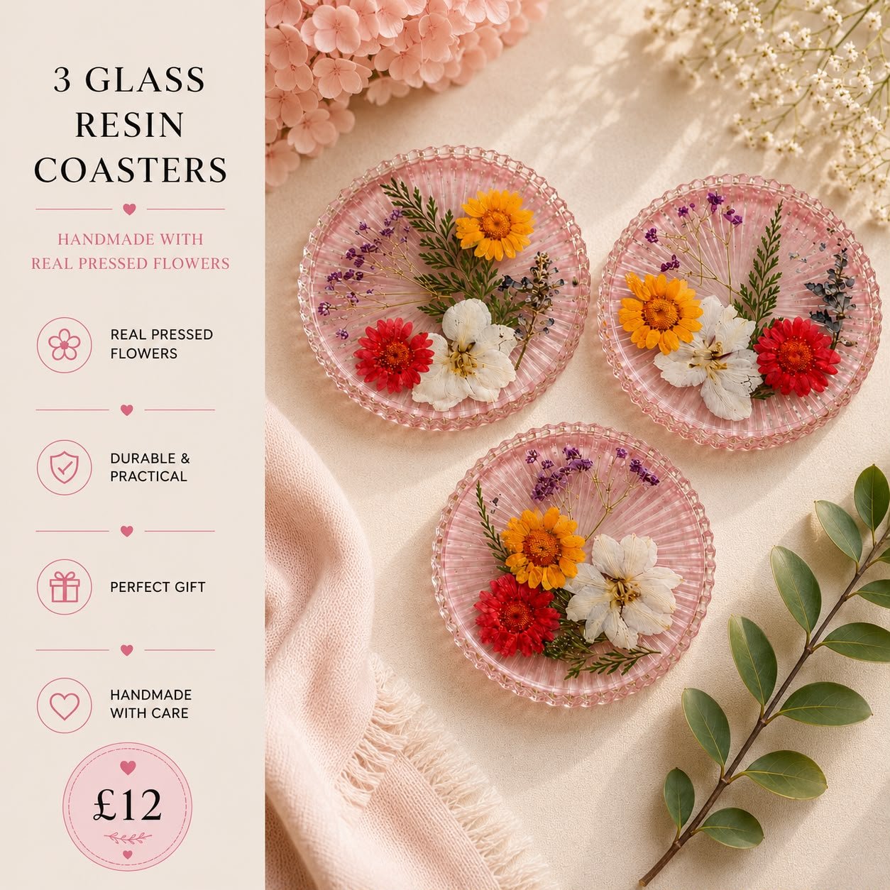 3 Glass Resin Floral Coasters