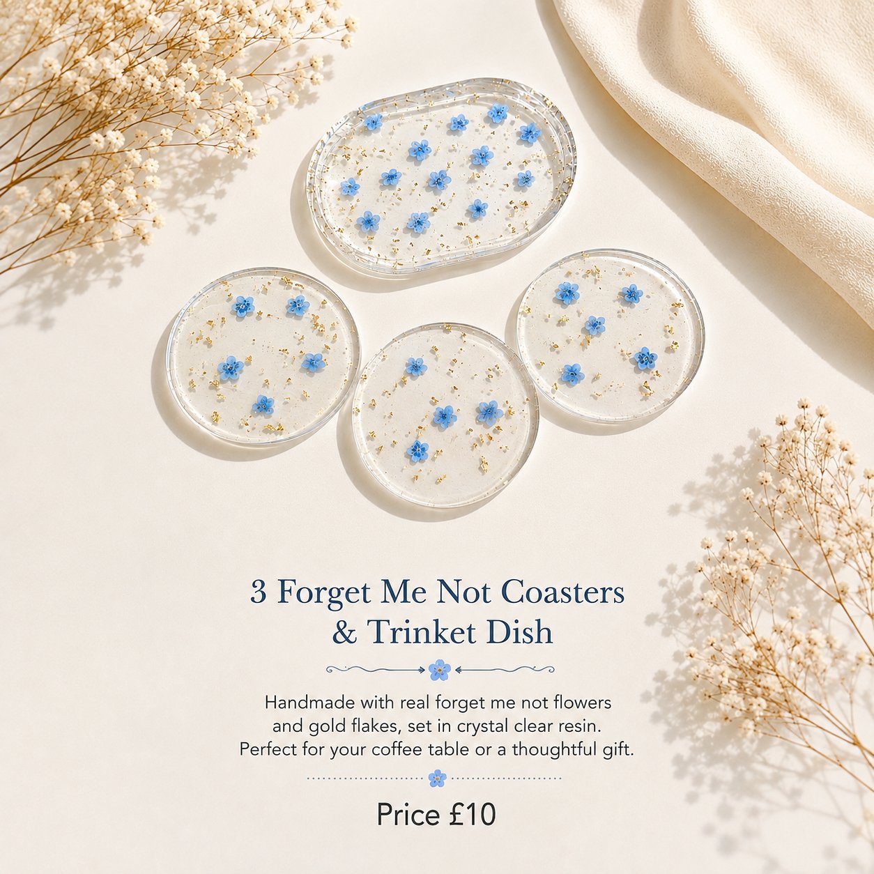 3 Forget Me Not Coasters & Trinket Dish