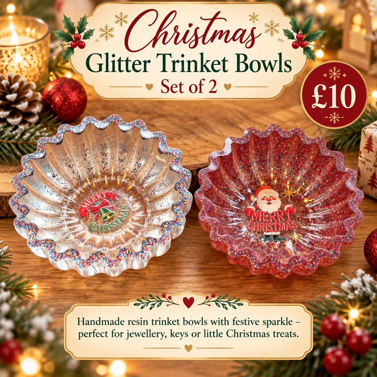 Christmas Glitter Trinket Bowls • Set of 2
