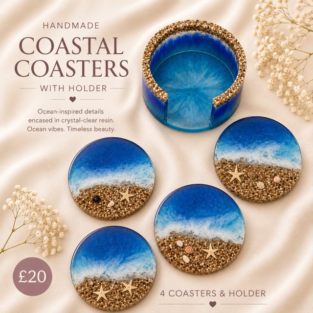 4 Coastal Coasters & Holder
