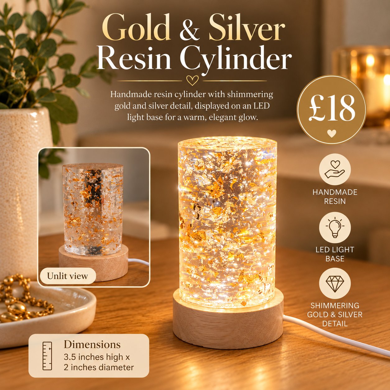 Gold & Silver Resin Cylinder