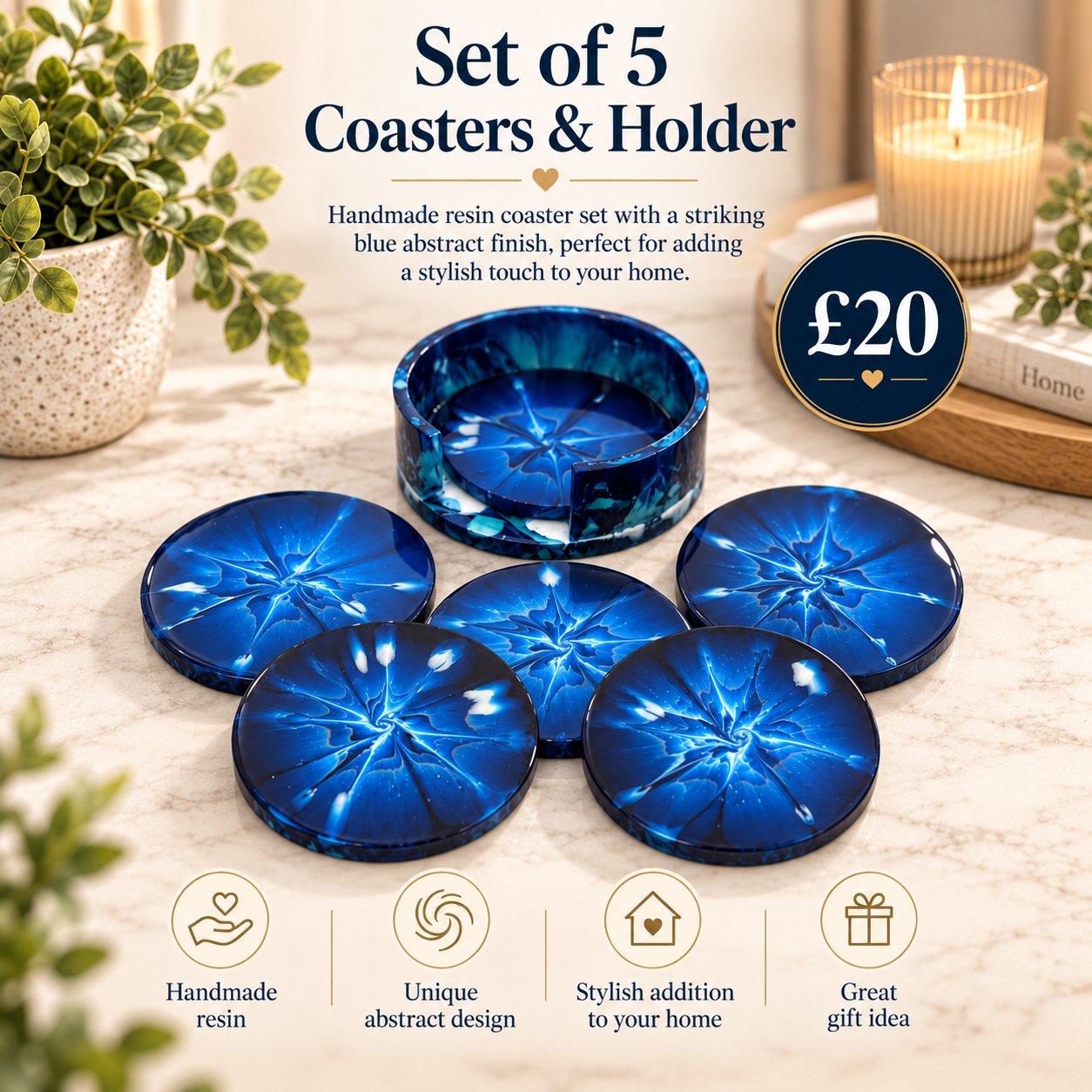 Striking Blue Coasters & Holder • Set of 5