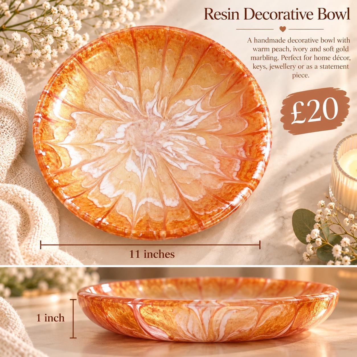 Vibrant Peach Resin Decorative Bowl