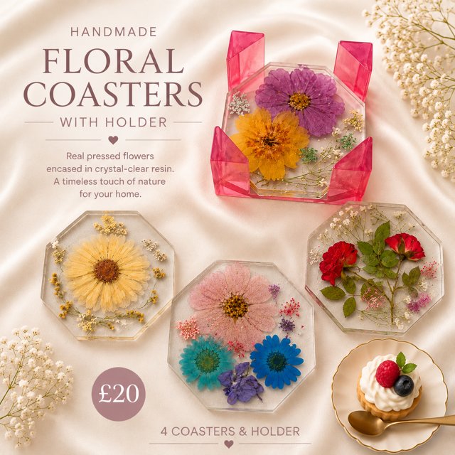 4 Floral Coasters & Holder