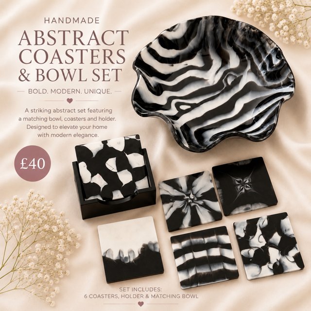 B&W Abstract Coasters with Holder Set