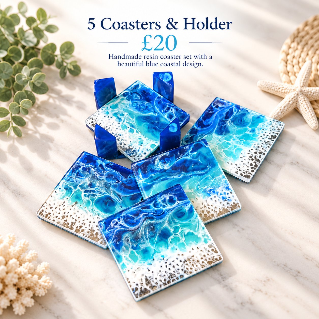 Blue Coastal Coasters & Holder • Set of 5