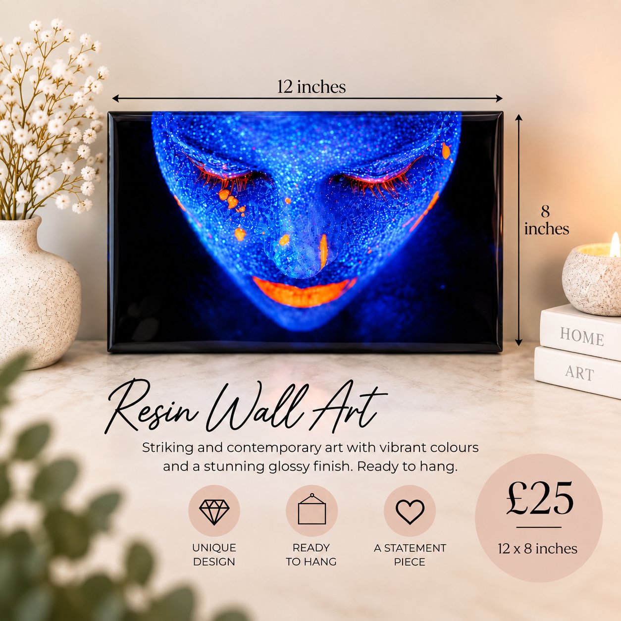 Vibrant Blue Face Glow Resin • Wall Art