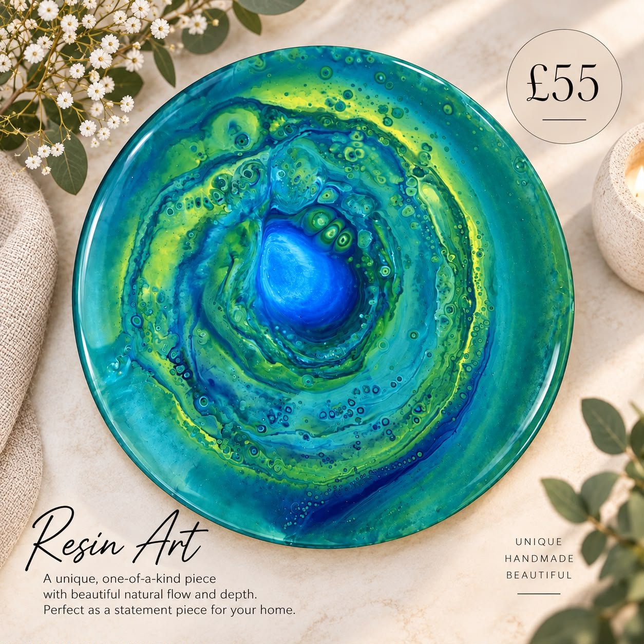 Round Blue-Green Resin • Wall Art