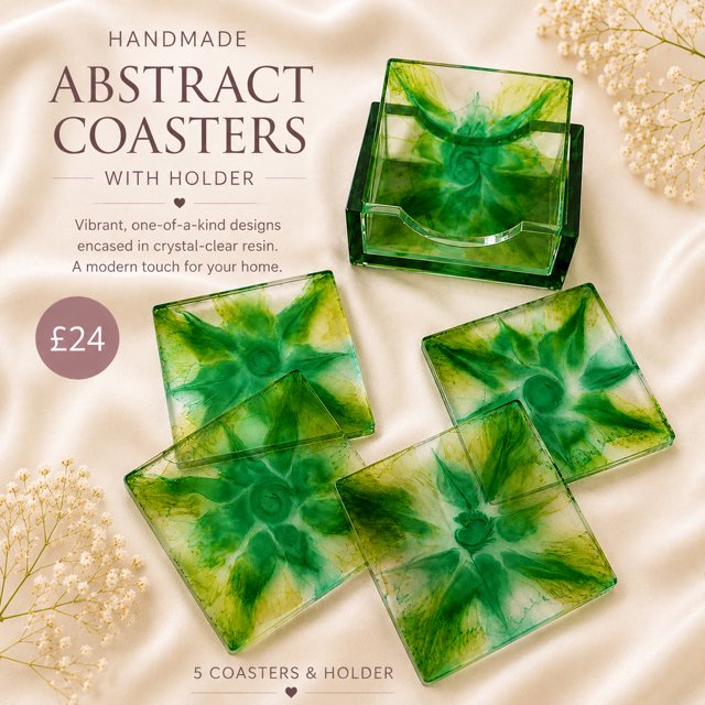 Green Abstract Coasters with Holder