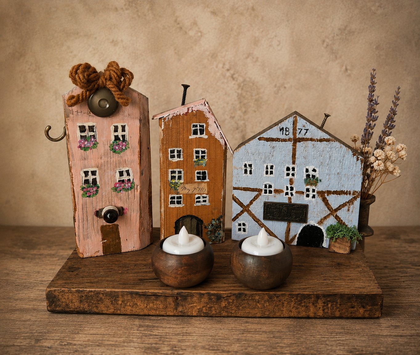 Rustic Wooden Village Scene & Tea Light Holder