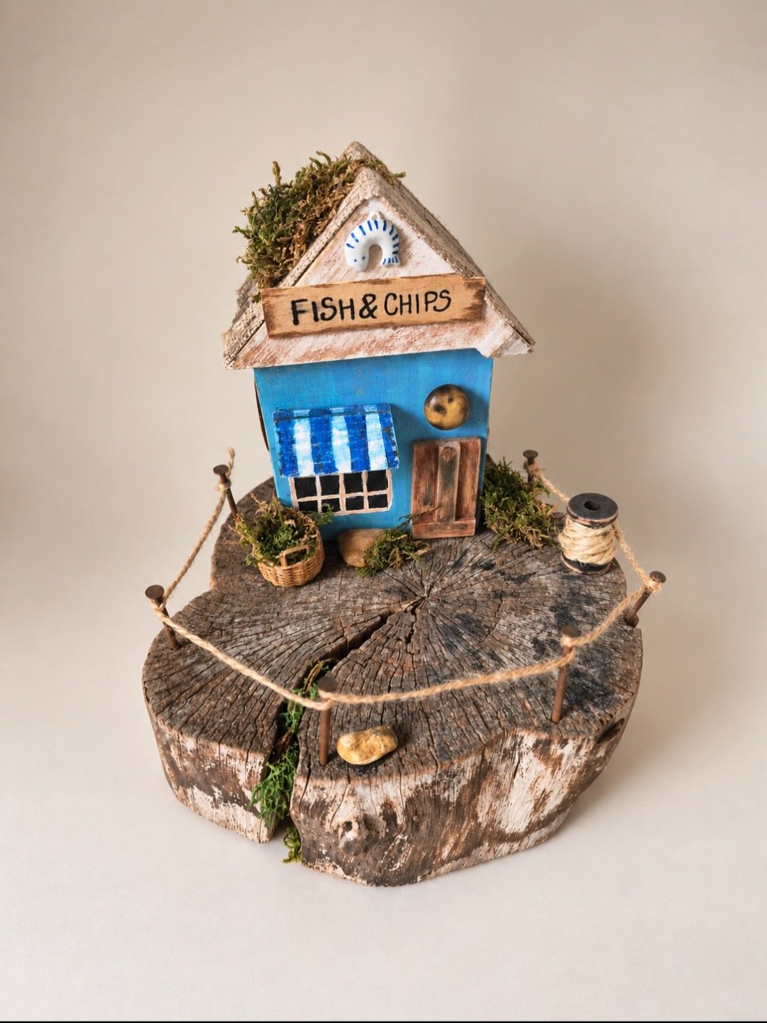 "Fish & Chips" Coastal Miniature on Natural Log Slice