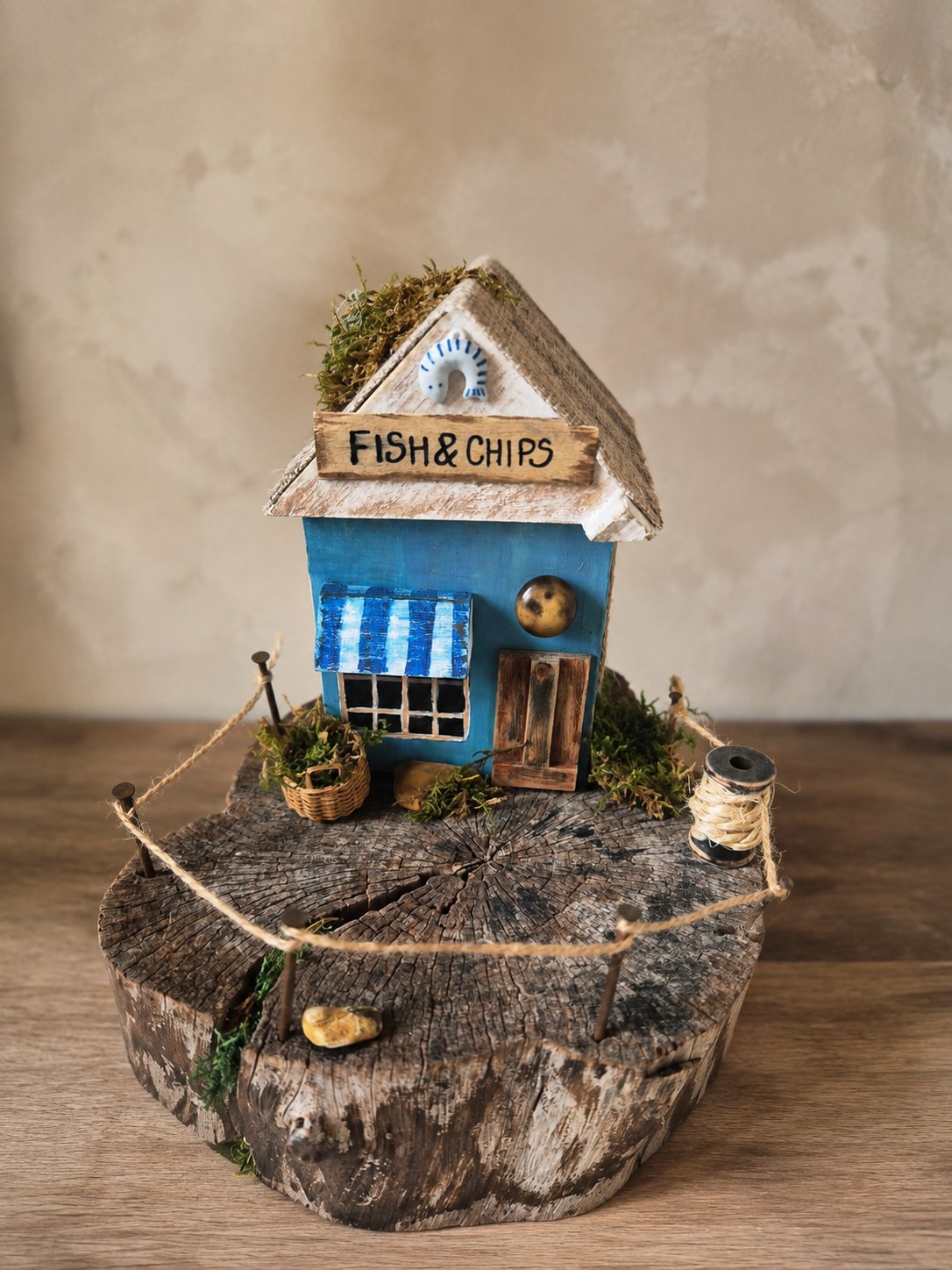 "Fish & Chips" Coastal Miniature on Natural Log Slice