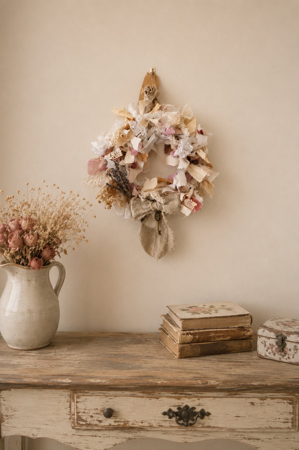 Rustic Shabby Chic Handmade Fabric Rag Wreath