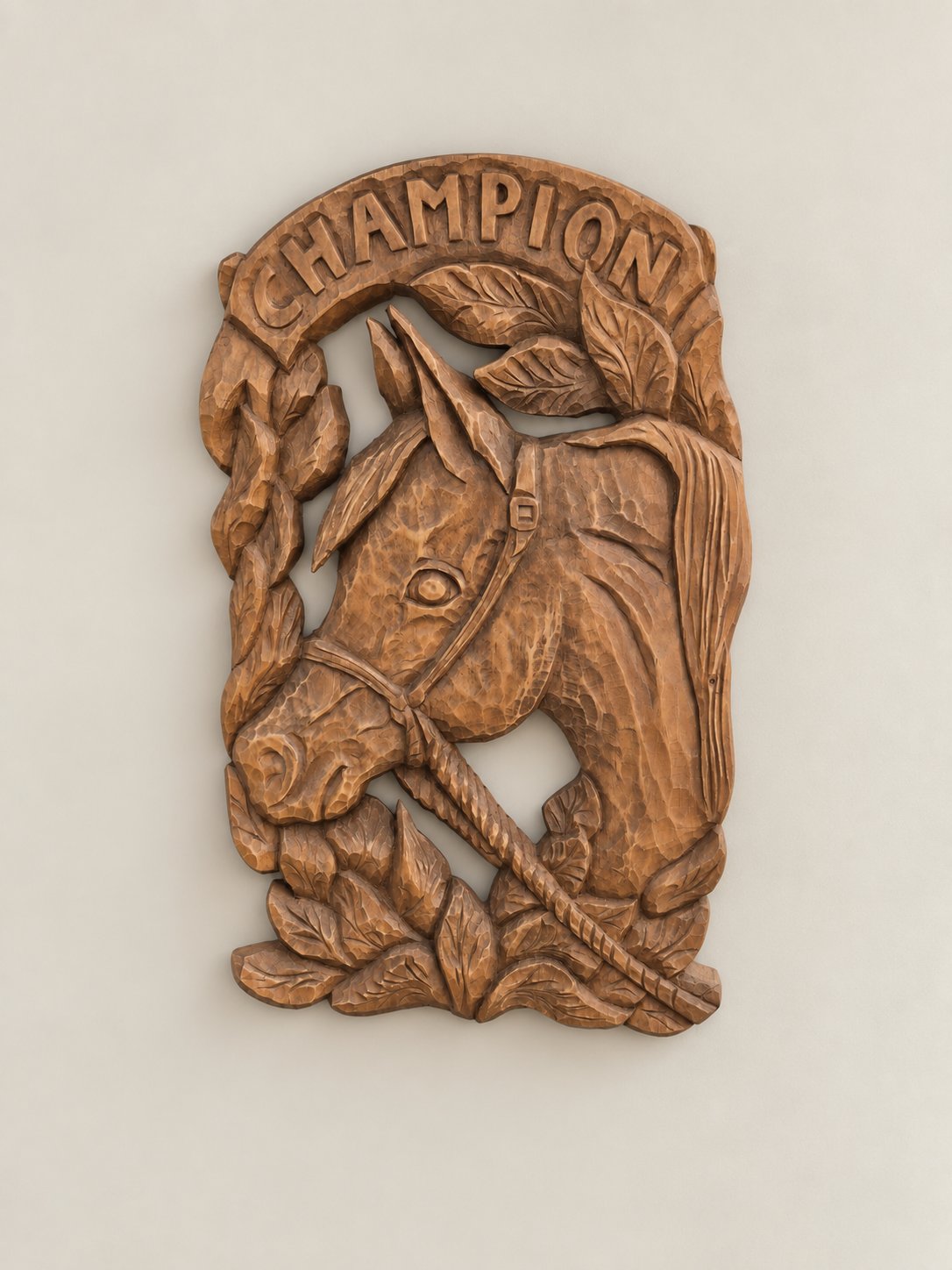 Hand-Carved Wooden Horse Plaque – Rustic "Champion" Relief Wall Art