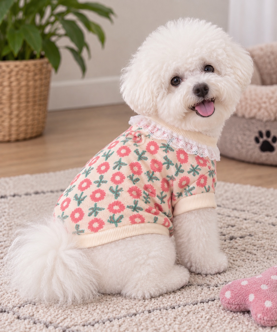 Lightweight floral pink and cream dog sweater with elegant lace