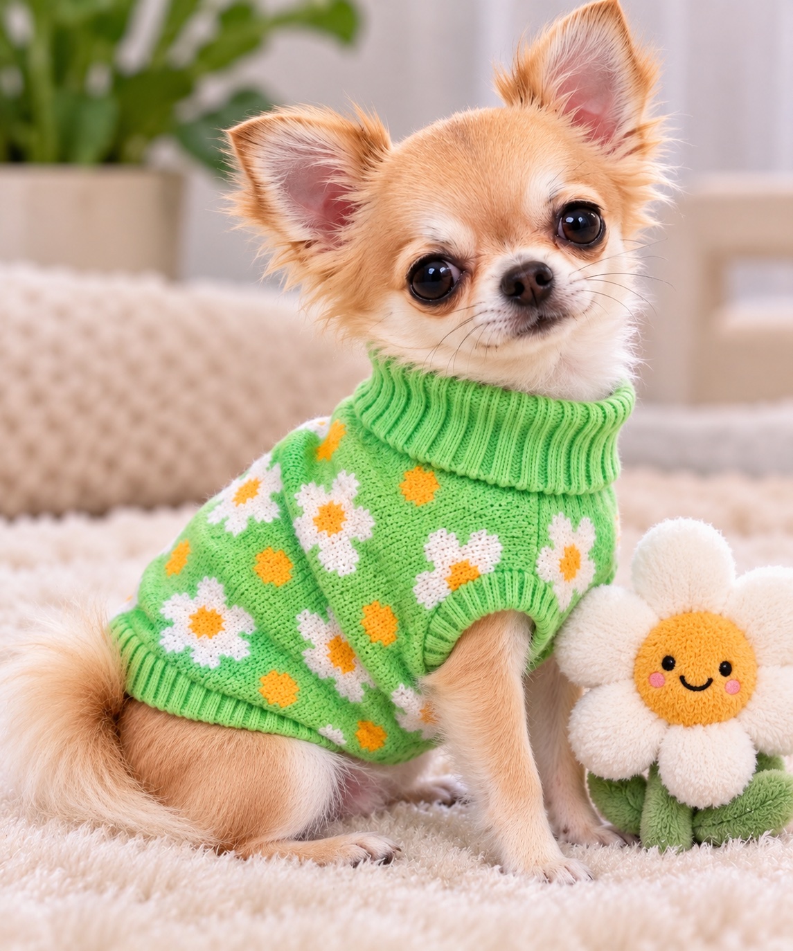 Green daisy knitted dog jumper
