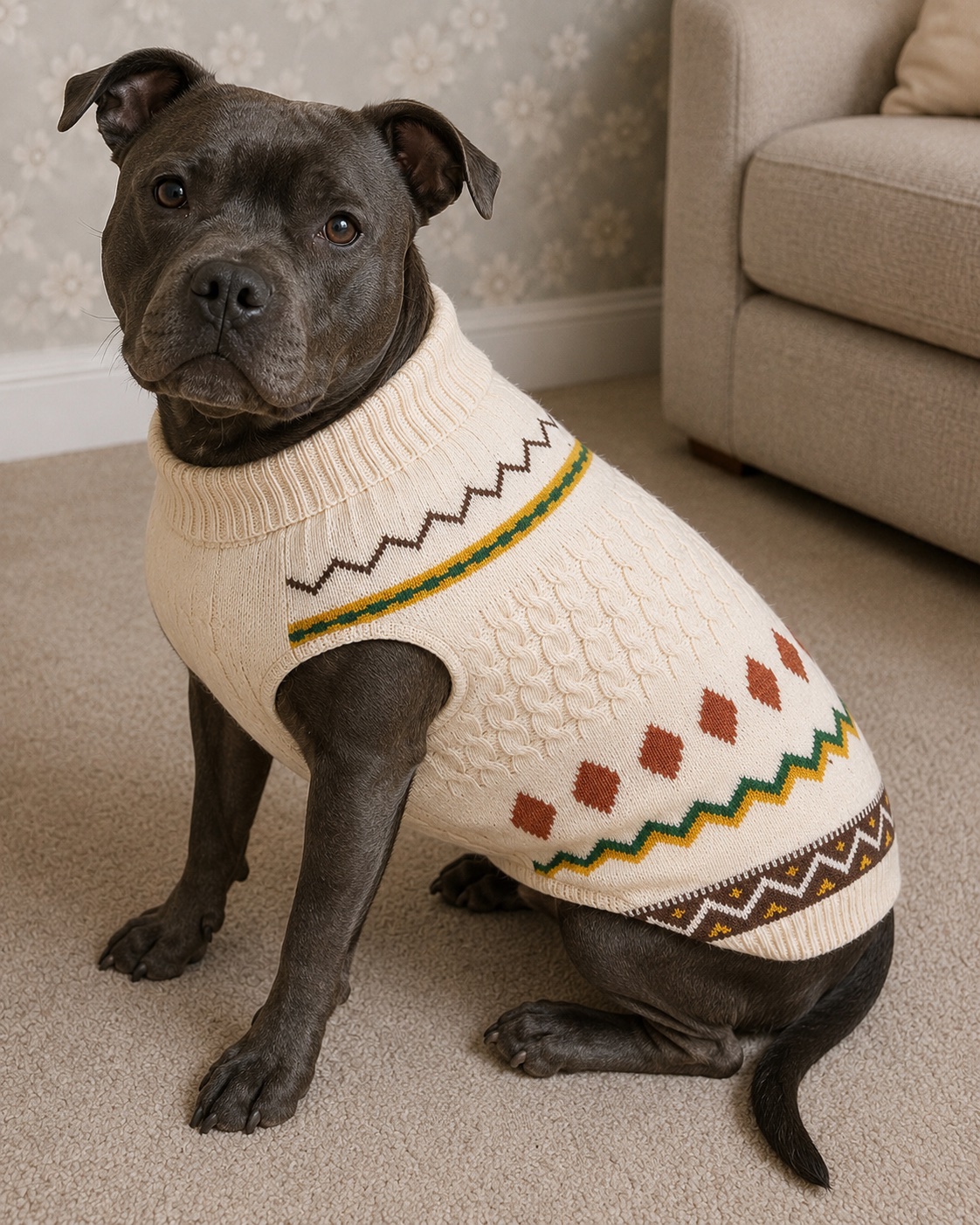 Dog jumper geometric fair isle pattern