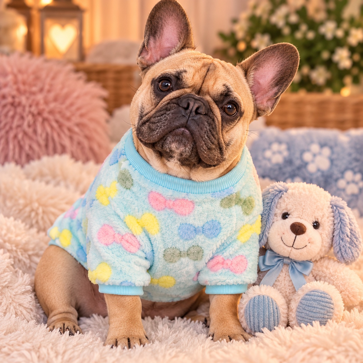 Baby blue super soft fleece with pastel colour bows