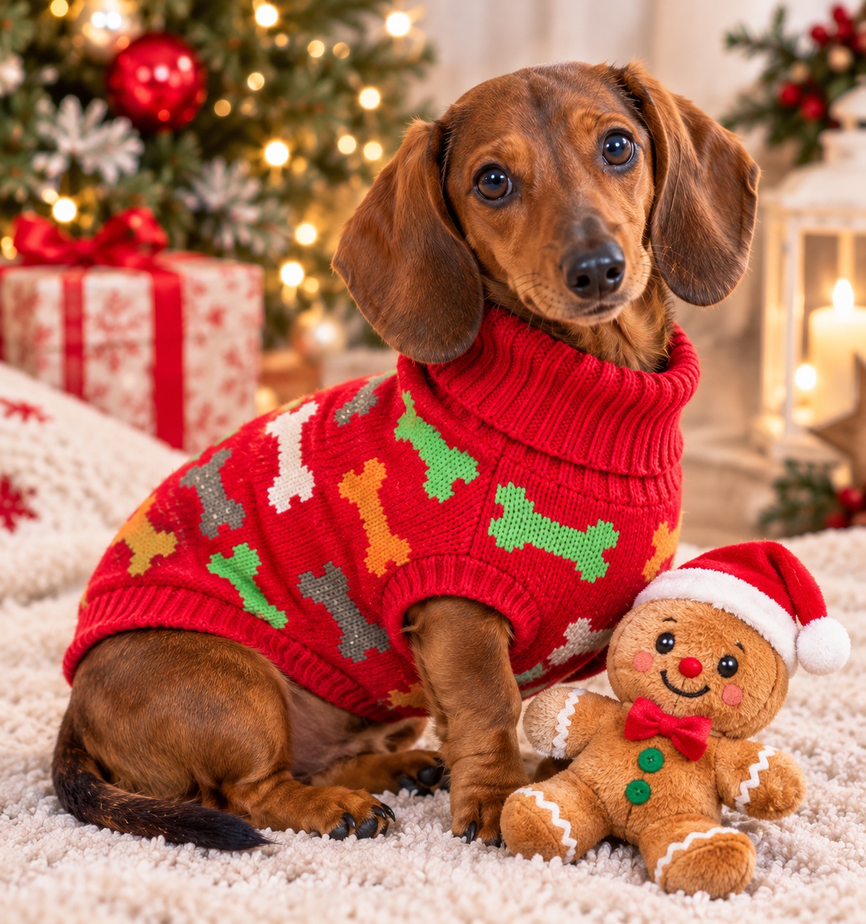 Red knitted  dog bone patterned jumper , roll neck