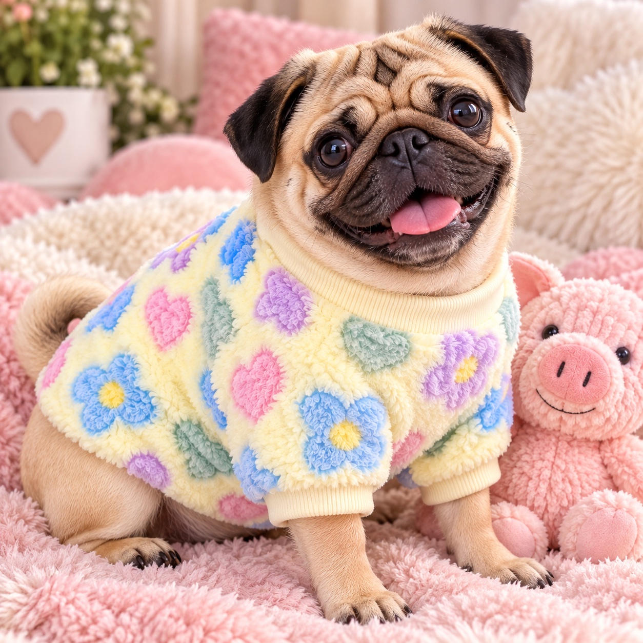 Super soft dog fleece with lemon background and cute flowers and hearts