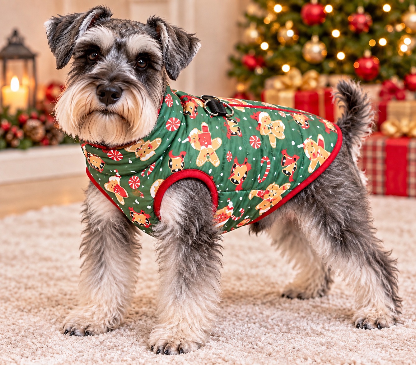 Green Festive dog jacket water resistant, gingerbread pattern