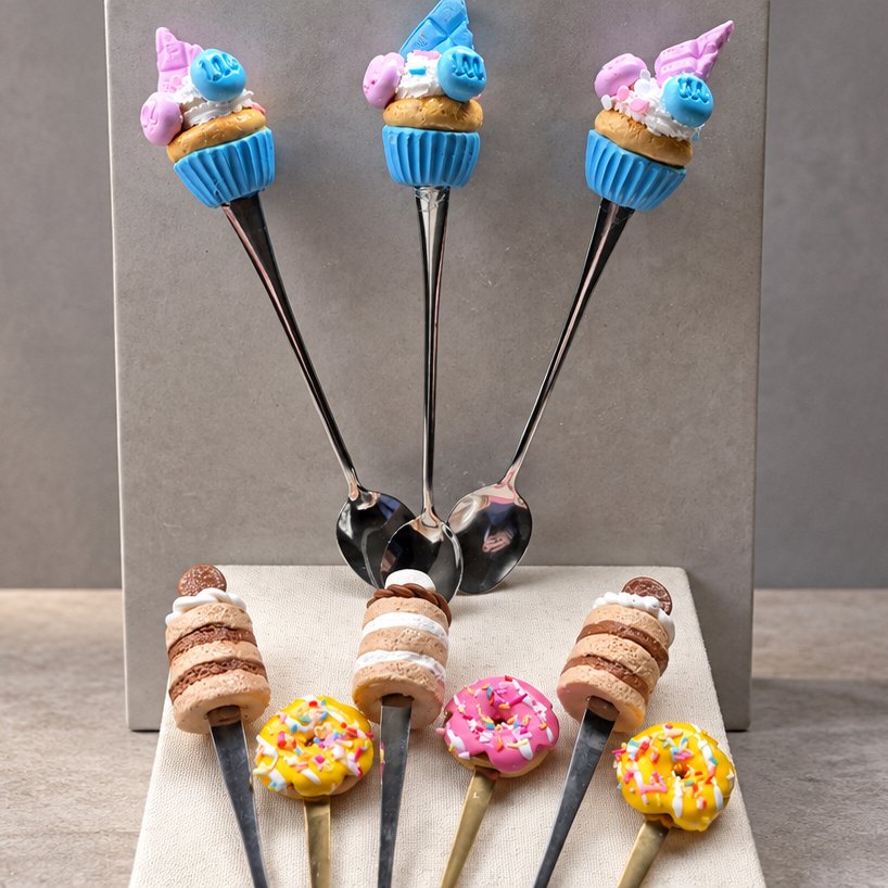 Cupcake, birthday cake spoons and forks