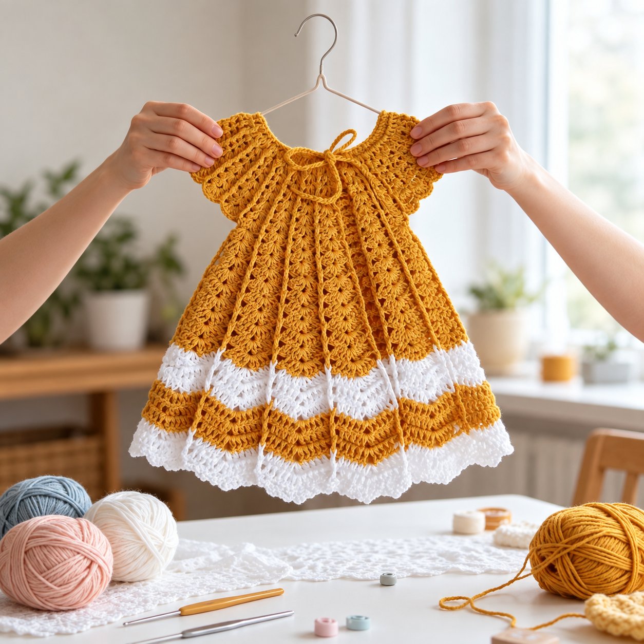Handmade Crochet Golden Mustard & White Baby Dress – Light & Airy