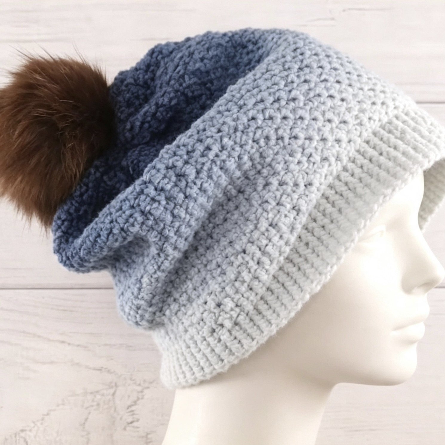 Handmade Crochet Slouch Beanie – Blue Gradient with Pom-Pom