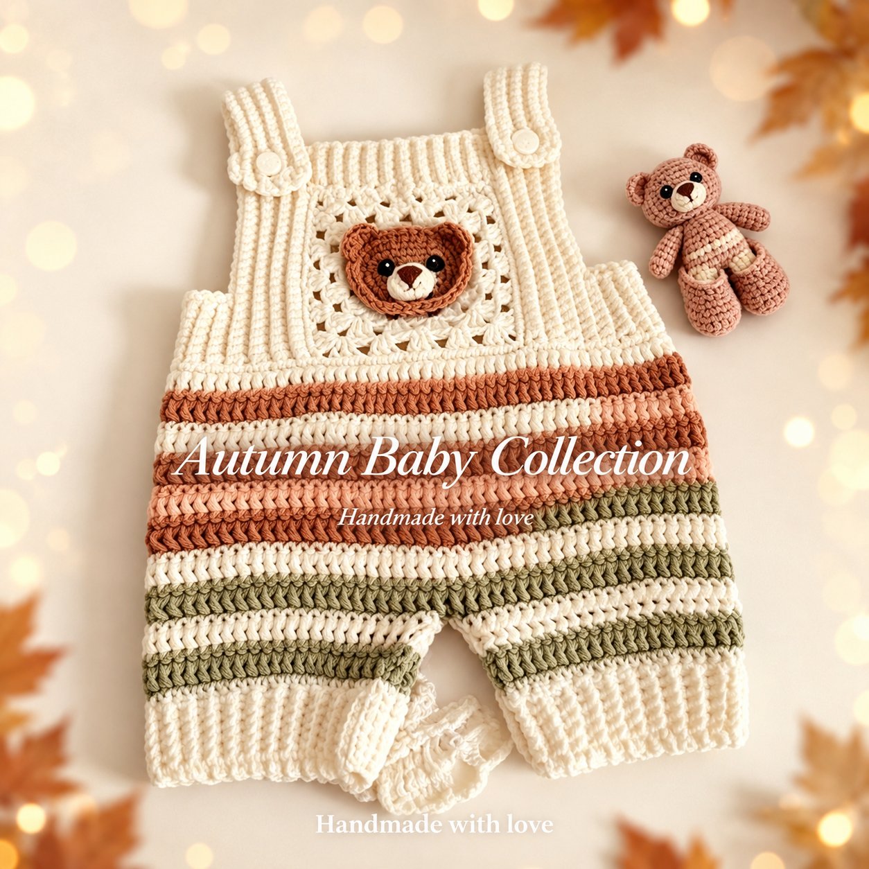 Handmade Crochet Autumn Baby Dungarees – Bear Collection