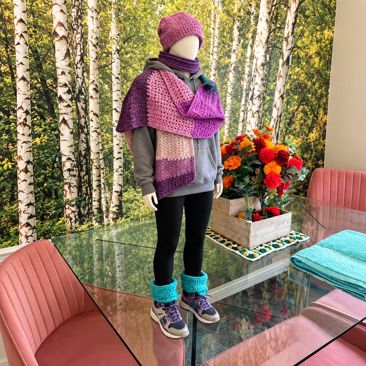 Handmade Crochet Winter Set – Shawl, Beanie & Ankle Warmers (Purple Fusion)