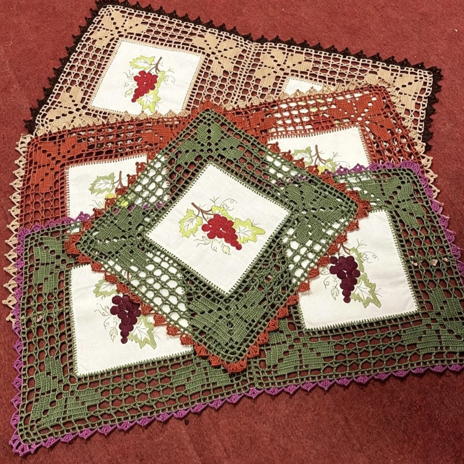 🍇 Grape Harvest — Set of 4 Embroidered Doilies