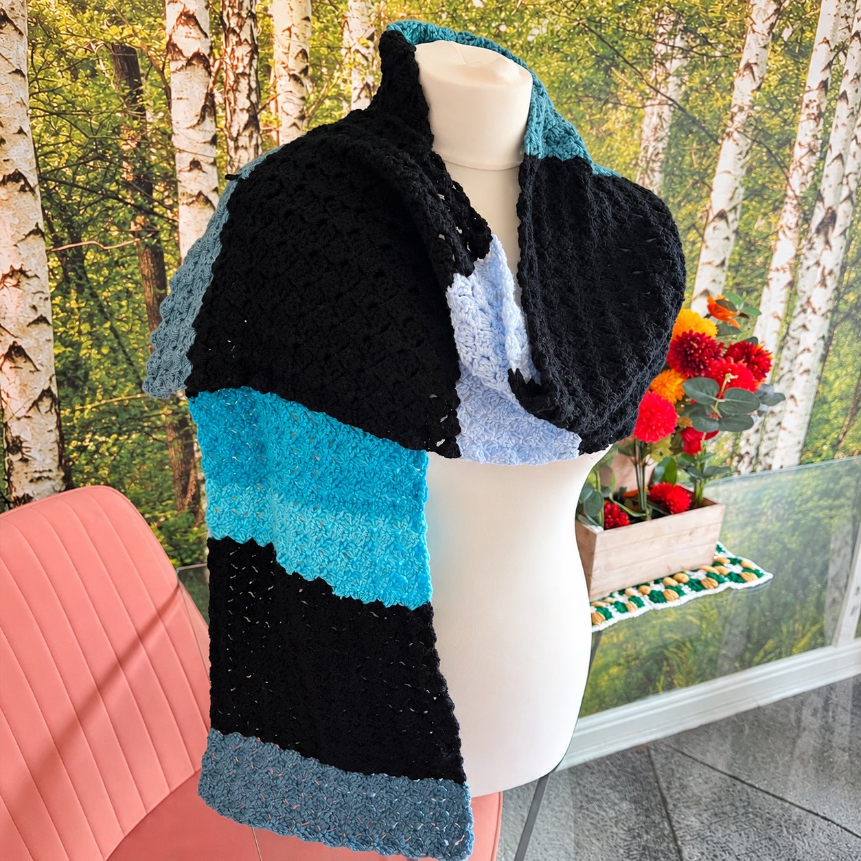 Handmade Crochet Colour‑Block Shawl / Wrap – Black & Turquoise