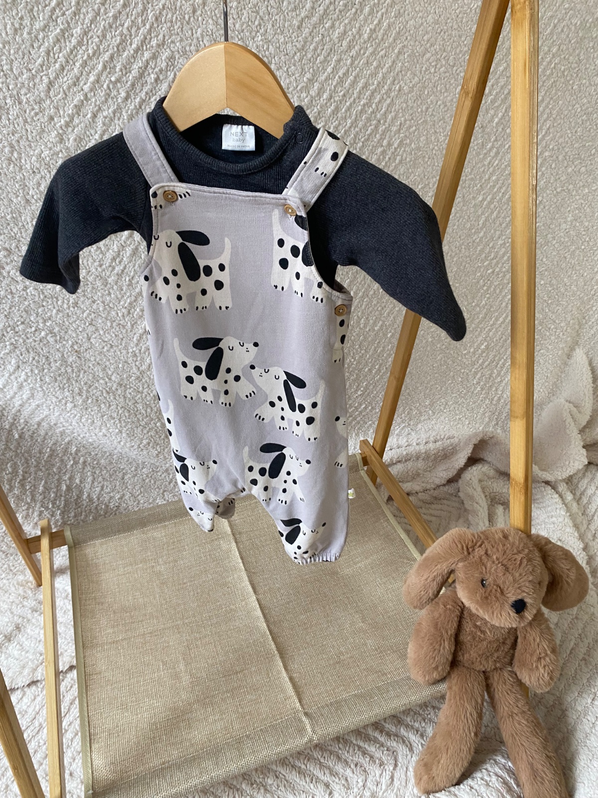 Little Paws 🐶 | Next Grey Dog Print Dungarees & Vest |0-3 months|