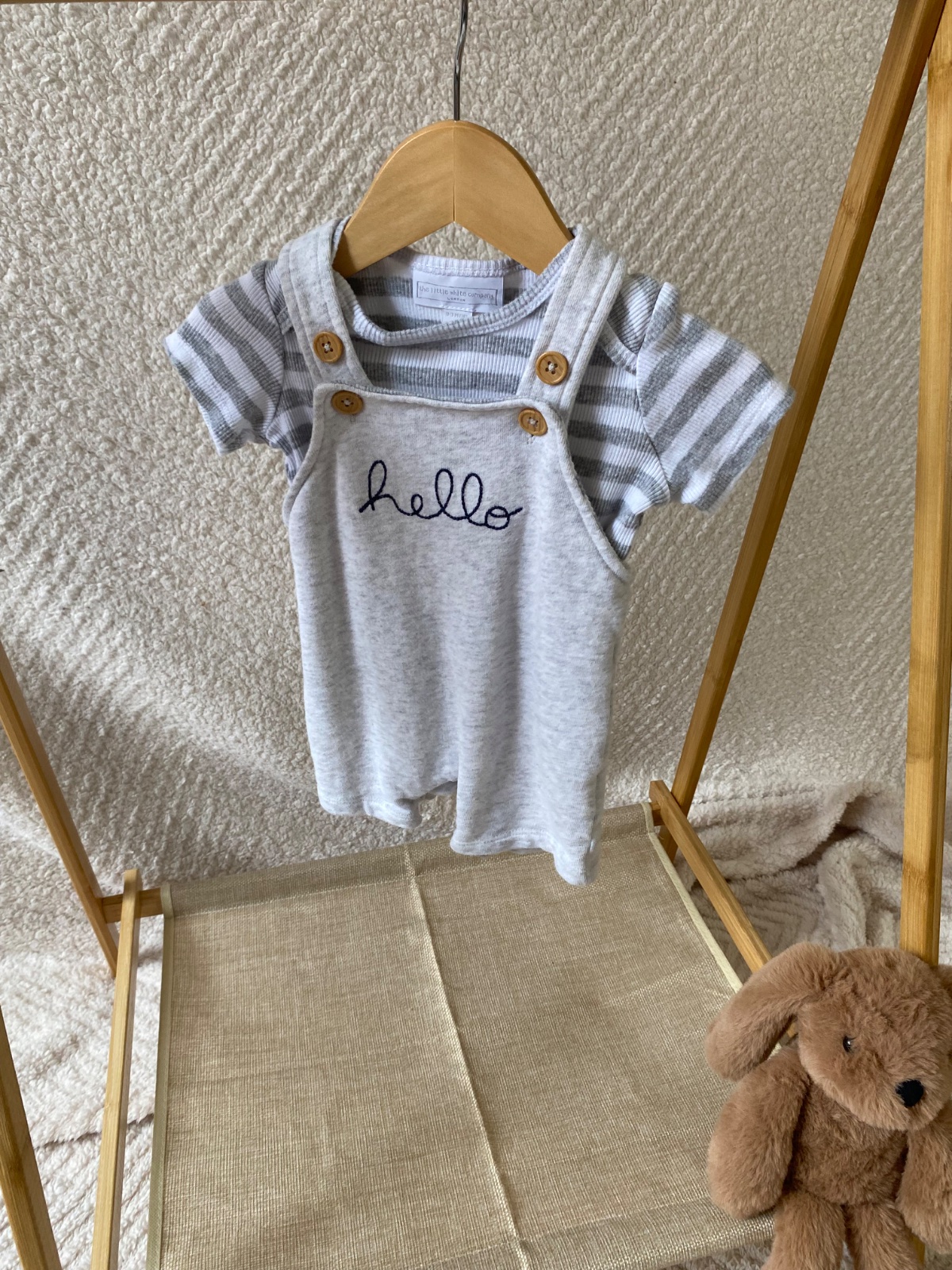 Hello Little One 🤍 | The White Company Grey Dungarees & Striped Top |0-3 months|