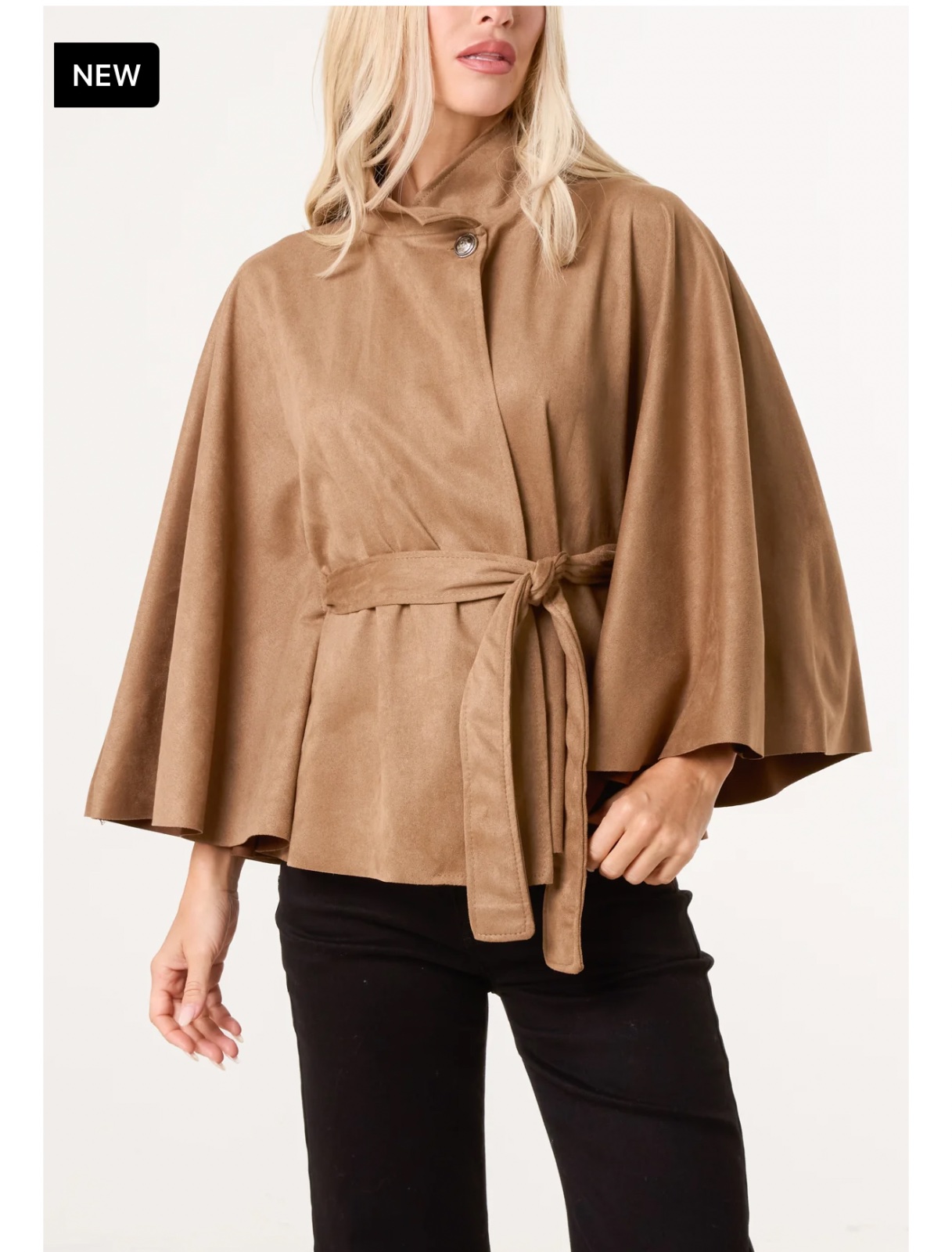 Suede-Feel Belted Cape Jacket