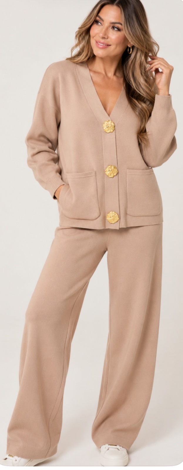 Gold Button Knit Co-ord - Beige