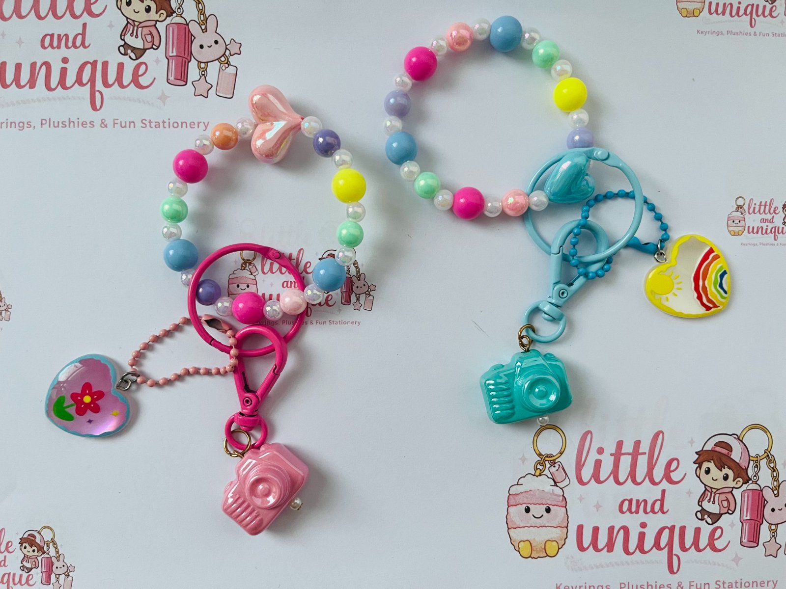 Pastel colour Camera & Rainbow Heart Beaded Keyring