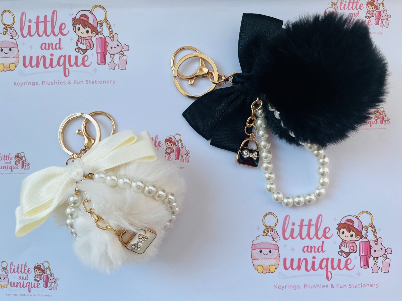 B&W Fluffy Pompom with Pearls Plushie