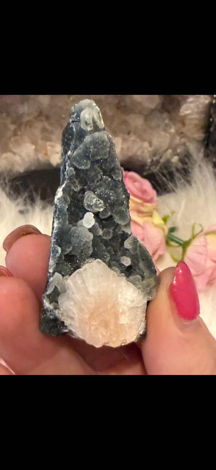 Black chalcedony from Indonesia with peach stillbite